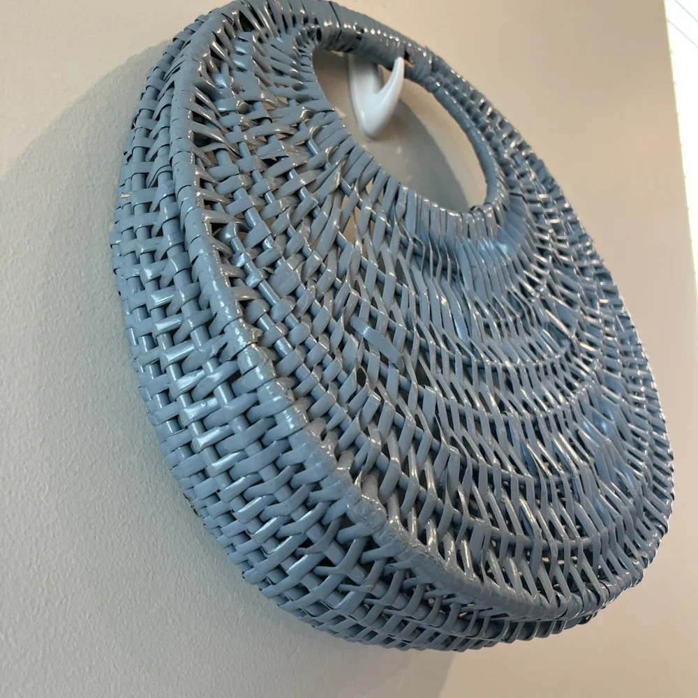 Woven Wicker Pocket Basket Blue Grayish Half Moon Design Vintage Painted